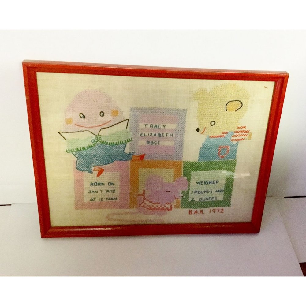 1972 Vtg Cross Stitch Birth Sampler by Paragon to Re-Purpose